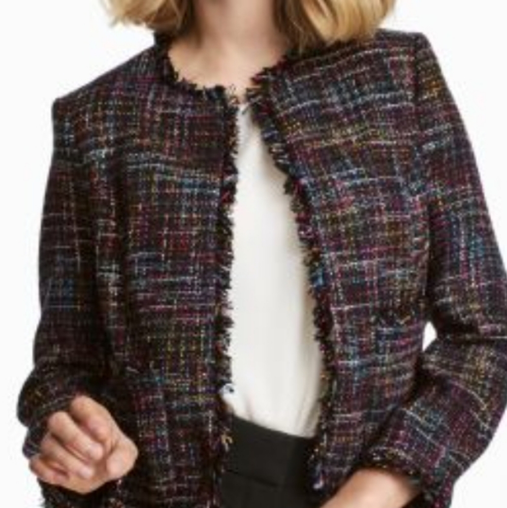 H&M Cropped Black Multicolor Boucle Tweed Jacket Fringe Size 4
